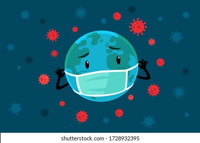 Cartoon illustration planet earth wearing medical mask surrounded by virus cells. Coronavirus pandemic concept.