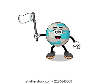 Cartoon Illustration of planet holding a white flag , character design