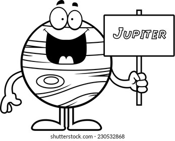 A cartoon illustration of the planet Jupiter holding a sign.