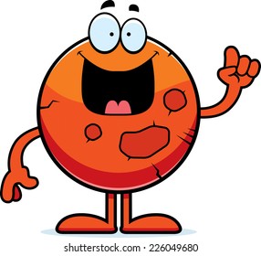 A cartoon illustration of the planet Mars with an idea.