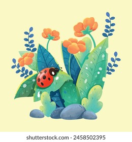 Cartoon illustration of plant insect seven-spotted ladybug