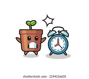 Cartoon Illustration of plant pot is surprised with a giant alarm clock , cute style design for t shirt, sticker, logo element
