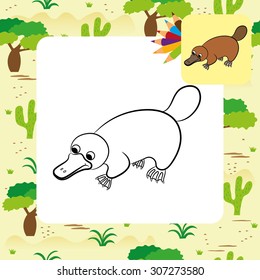 Cartoon illustration of platypus or duckbill animal. Coloring page.