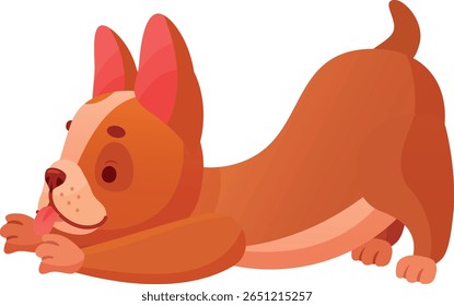 Cartoon illustration of a playful brown dog licking its paw while lying down, in a funny and adorable pose, perfect for pet related projects
