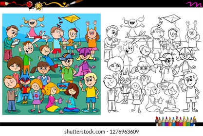 Cartoon Illustration of Playful Children Characters Group Coloring Book Worksheet