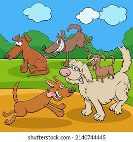 Cartoon illustration of playful dogs and puppies animal characters in a park