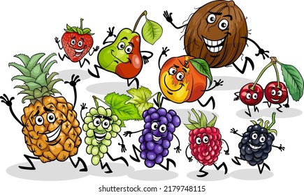 Cartoon illustration of playful fruit comic characters group