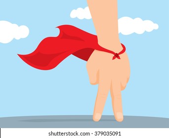 Cartoon illustration of playful hand super hero with cape 
