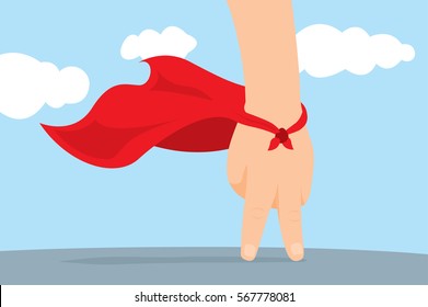 Cartoon illustration of playful hand super hero with cape 