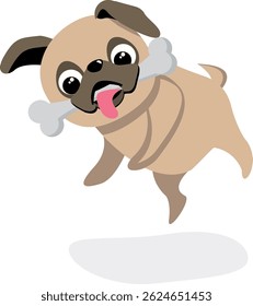 Cartoon Illustration of a Playful Pug with Bone. Kawaii pug vector illustration