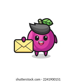 cartoon illustration of plum fruit holding a yellow letter , cute style design for t shirt, sticker, logo element
