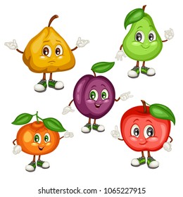 Cartoon Illustration of a Plum, Ugli Fruit, Pear, Mandarin and Fruit. Set of Cute Fruit Mascots. Vector Illustration