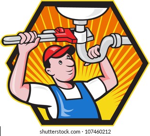 Cartoon illustration of a plumber worker repairman tradesman with adjustable monkey wrench repairing bathroom sink set inside hexagon.