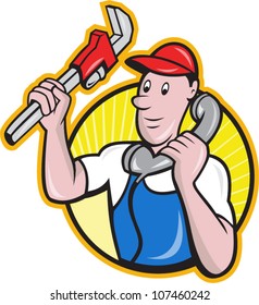 Cartoon illustration of a plumber worker repairman tradesman with adjustable monkey wrench talking on telephone phone set inside circle.