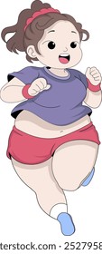 A cartoon illustration of a plus-size girl in a purple shirt and red shorts, joyfully running as part of her workout.