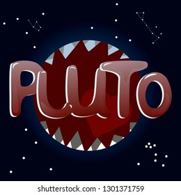 Cartoon illustration of Pluto Planet and lettering. Vector