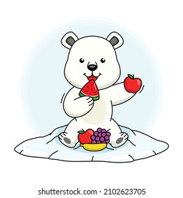 Cartoon illustration of a polar bear eating watermelon