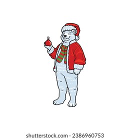 cartoon illustration of polar bear mascot wear a christmas santa claus red jacket