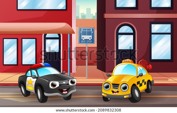Cartoon illustration of police car and taxi\
parking on the street