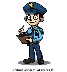 Cartoon illustration of a police officer in uniform holding a clipboard and pen. Ideal for themes related to law enforcement, reporting, and public service documentation.