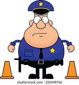 Cartoon illustration of a policeman with traffic cones. 