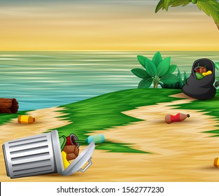 Cartoon illustration the Pollution beach plastic garbage