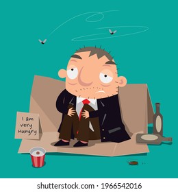 Ilustración de caricatura de un hombre pobre sentado a la orilla del camino para rogar por dinero.