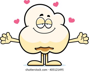 A cartoon illustration of a popcorn kernel ready to give a hug.