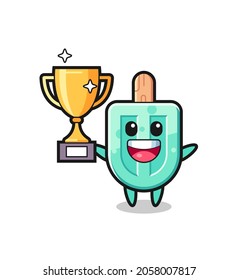 Cartoon Illustration of popsicles is happy holding up the golden trophy , cute design