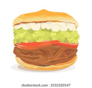 Ilustración de dibujos animados del popular sándwich italiano con pan redondo, carne de res, aguacate, guacamole, tomates y mayonesa. Vector sabroso alimento aislado en blanco.