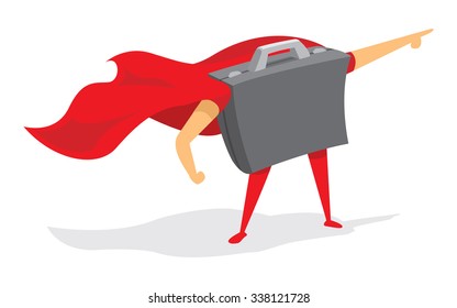 Cartoon illustration of portfolio standing as business super hero with cape