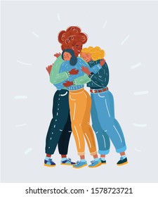 Cartoon illustration of Portrait of three young women give a hug to each other. Best friends get together. Human character on white.