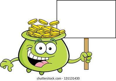 Cartoon illustration of a pot of gold holding a sign.