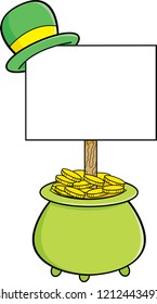 Cartoon illustration of a pot of gold with a sign that has a derby on top.