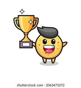 Cartoon Illustration of potato chip is happy holding up the golden trophy , cute design