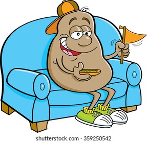 Cartoon illustration of a potato sitting on a couch and holding a pennant.