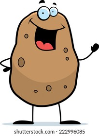 A cartoon illustration of a potato waving and smiling.