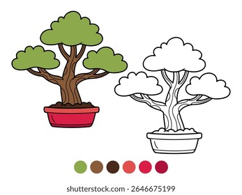 Ilustração em desenhos animados de uma árvore de bonsai em vaso, mostrada tanto colorida quanto como um contorno para coloração. Ideal para materiais educativos infantis, temas da natureza ou atividades artesanais.