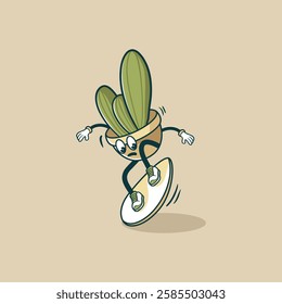 A cartoon illustration of a potted plant character joyfully surfing on a small surfboard.