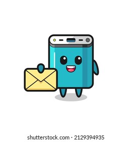 cartoon illustration of power bank holding a yellow letter , cute style design for t shirt, sticker, logo element