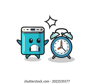 Cartoon Illustration of power bank is surprised with a giant alarm clock , cute style design for t shirt, sticker, logo element