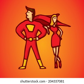 Cartoon illustration of a powerful couple of superhero man and his woman partner