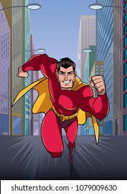 Cartoon illustration of powerful and muscular superhero running fast through city street.