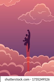 Cartoon illustration of powerful super businessman flying across beautiful cloudscape.