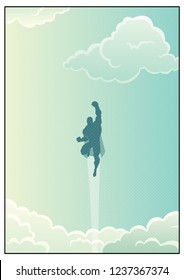 Cartoon illustration of powerful superhero flying across beautiful cloudscape.