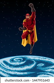 Cartoon illustration of powerful superhero flying in space with planet Earth in the background.