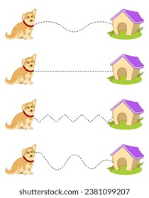 Cartoon-Illustration für die Praxis des Schreibens mit gestrichenen Linien für Vorschulkinder und Kleinkinder. Erziehungsspiel für Kinder. Der Hund muss in den Stand kommen.
