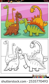 Ilustración de dibujos animados de dinosaurios prehistóricos personajes de animales página para colorear de grupo