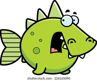 A cartoon illustration of a prehistoric fish looking scared.