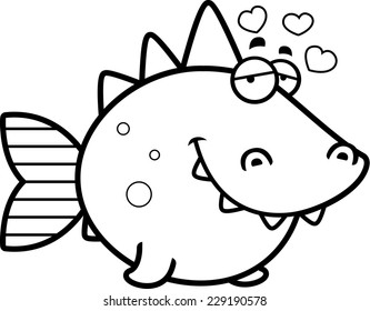 A cartoon illustration of a prehistoric fish with an in love expression.